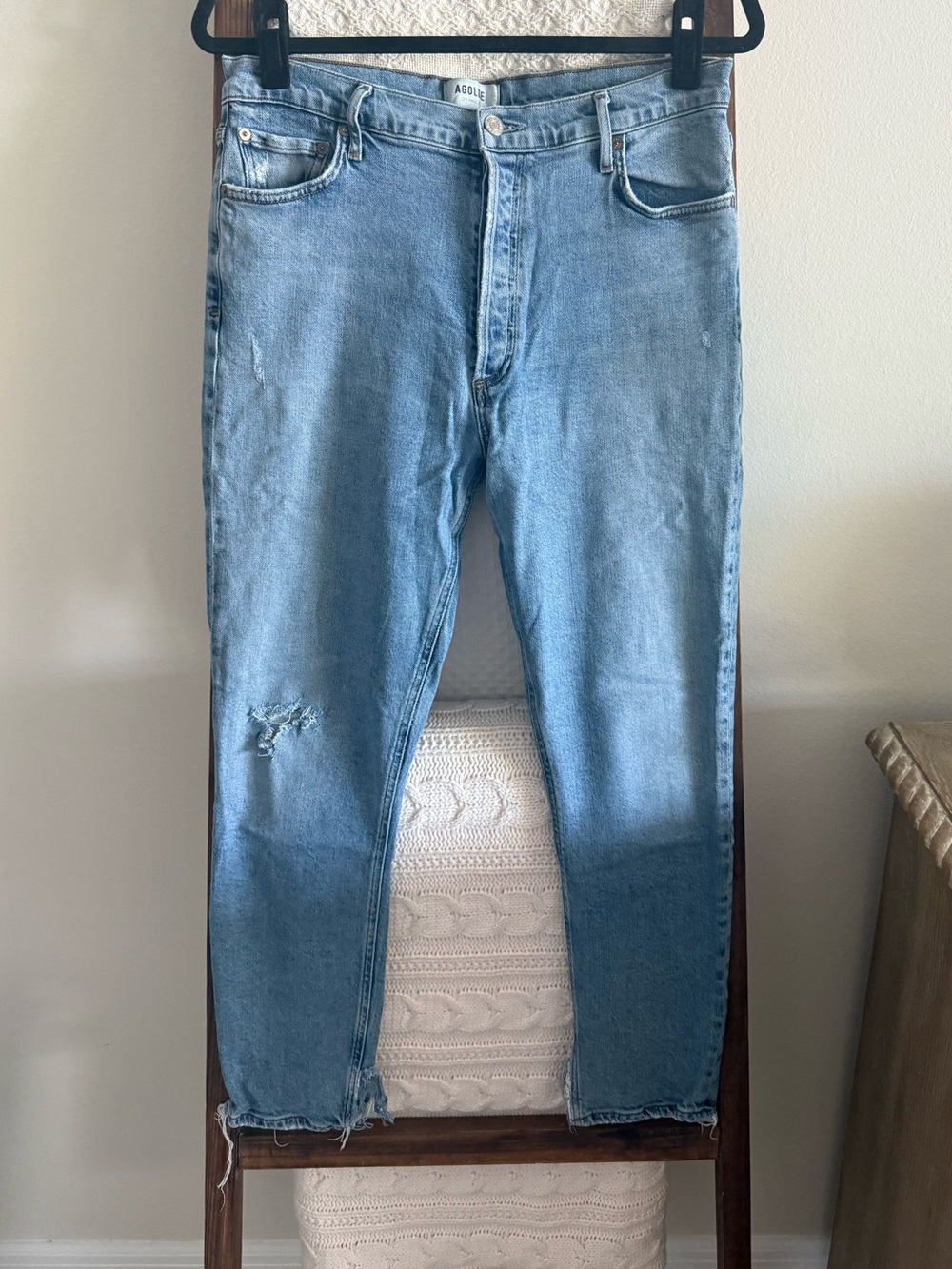 Agolde Medium Wash Nico Straight Leg Distressed Raw Hem Jeans